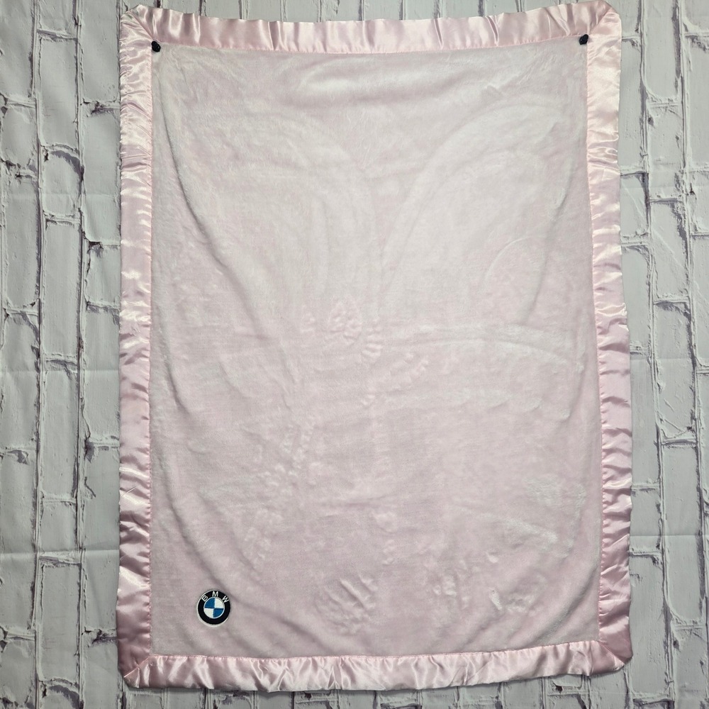 Terrytown BMW‎ Baby Blanket Pink Plush Fleece Satin Trim Embroidered Logo 30x40